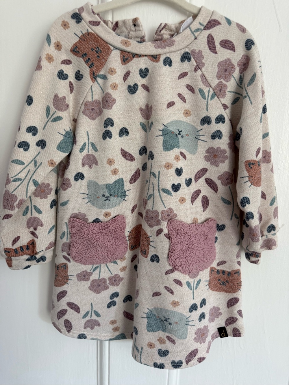 deux par deux Cream Floral Cat Tunic with Pink Sherpa Pockets